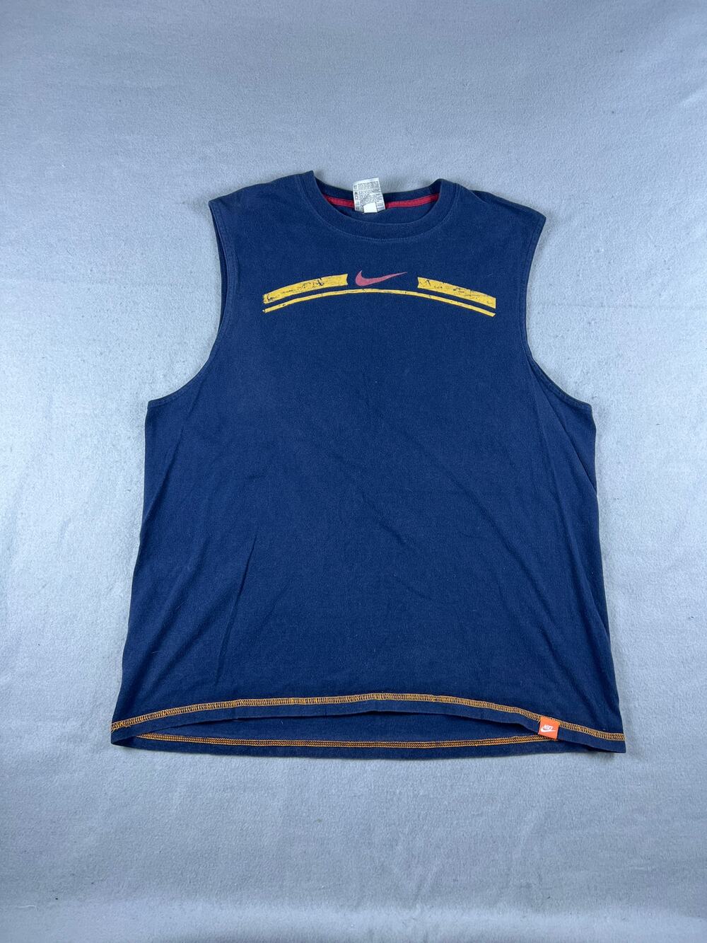 Vintage Nike Muscle Shirt Mens L Blue Sleeveless Tank Top Spellout Graphics Y2K